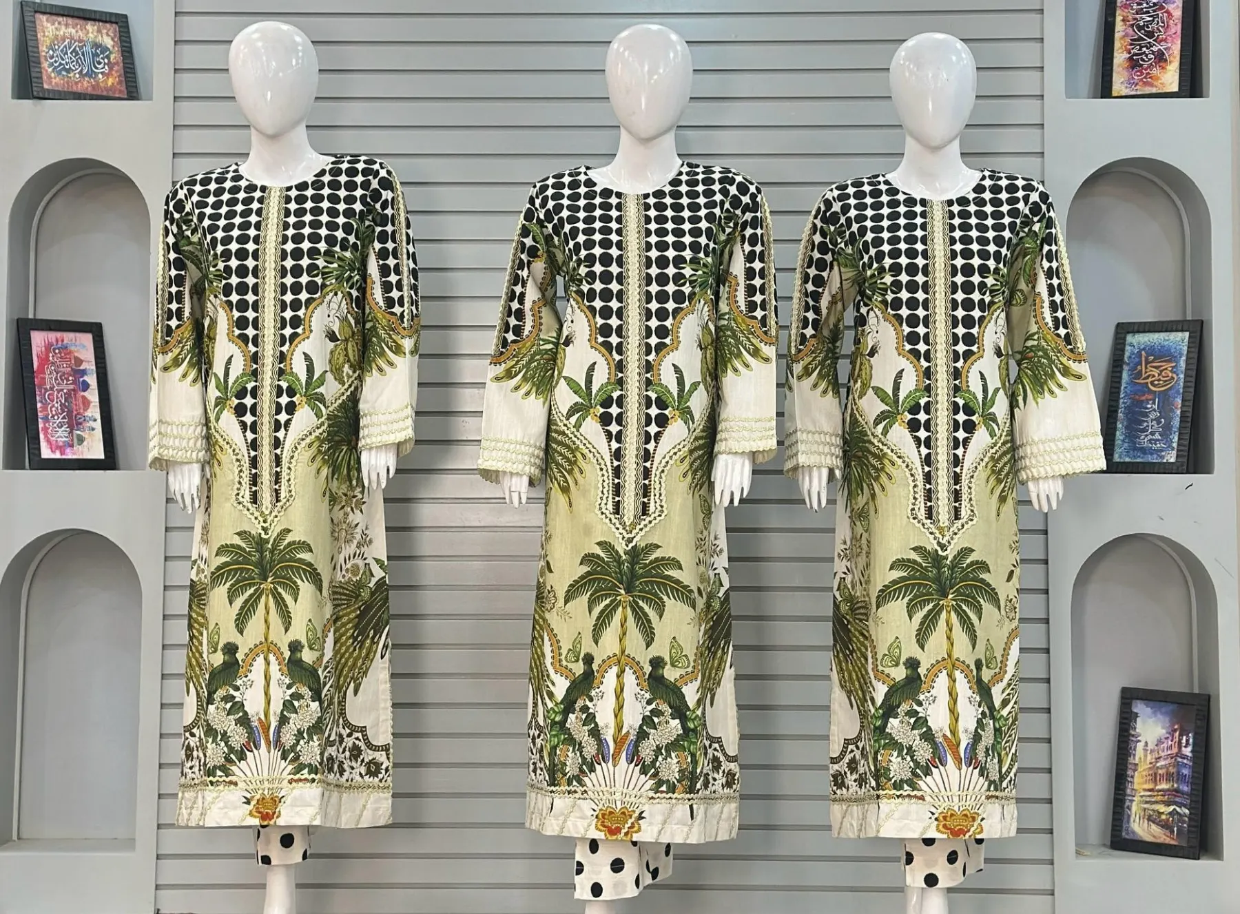 Alif Polka Dot & Palm Tree Printed Premium Khaddar 3-Piece Kaftan Suit in Off-White & Olive