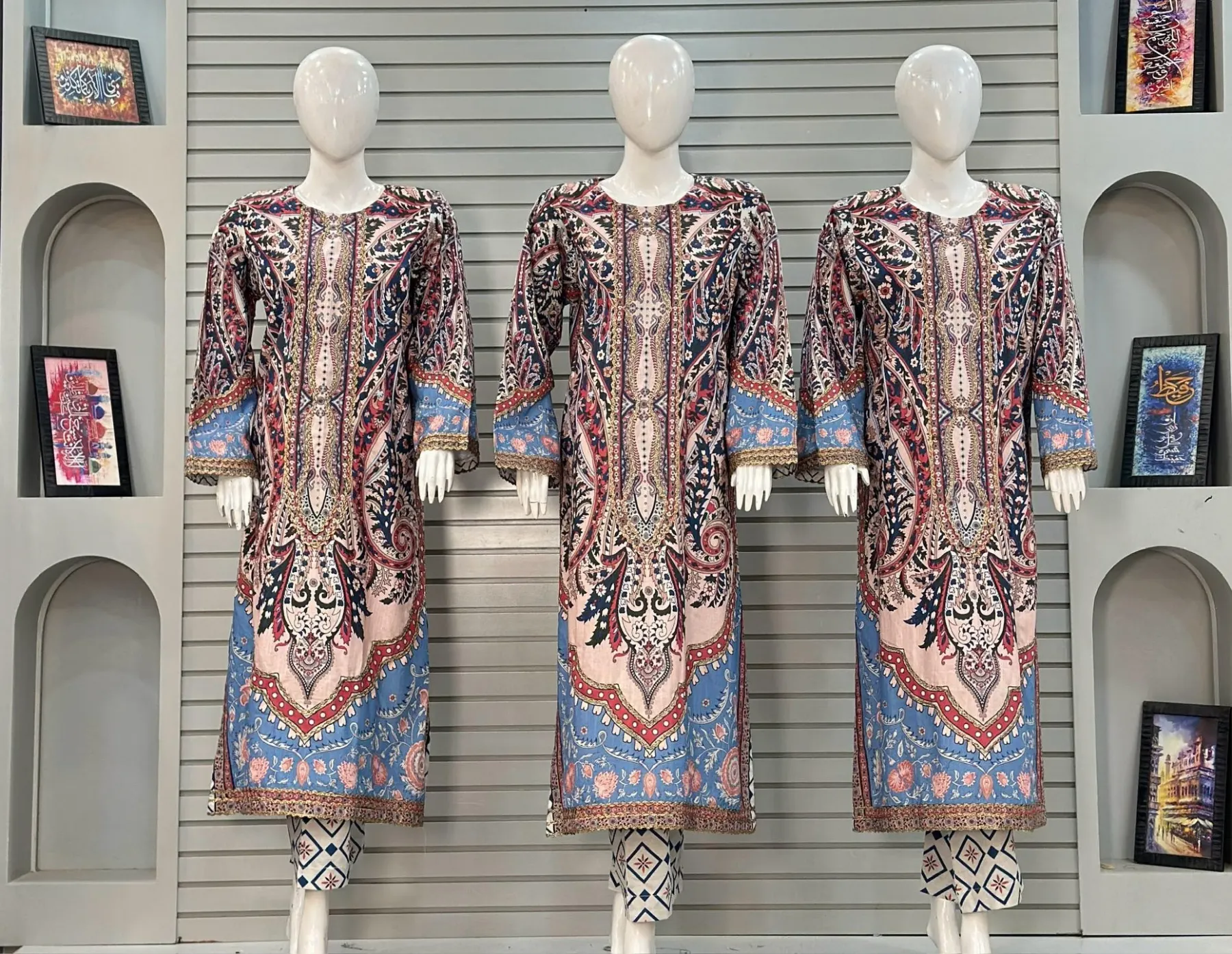 Alif Paisley & Ornamental Printed Premium Khaddar 3-Piece Kaftan Suit in Powder Blue & Maroon