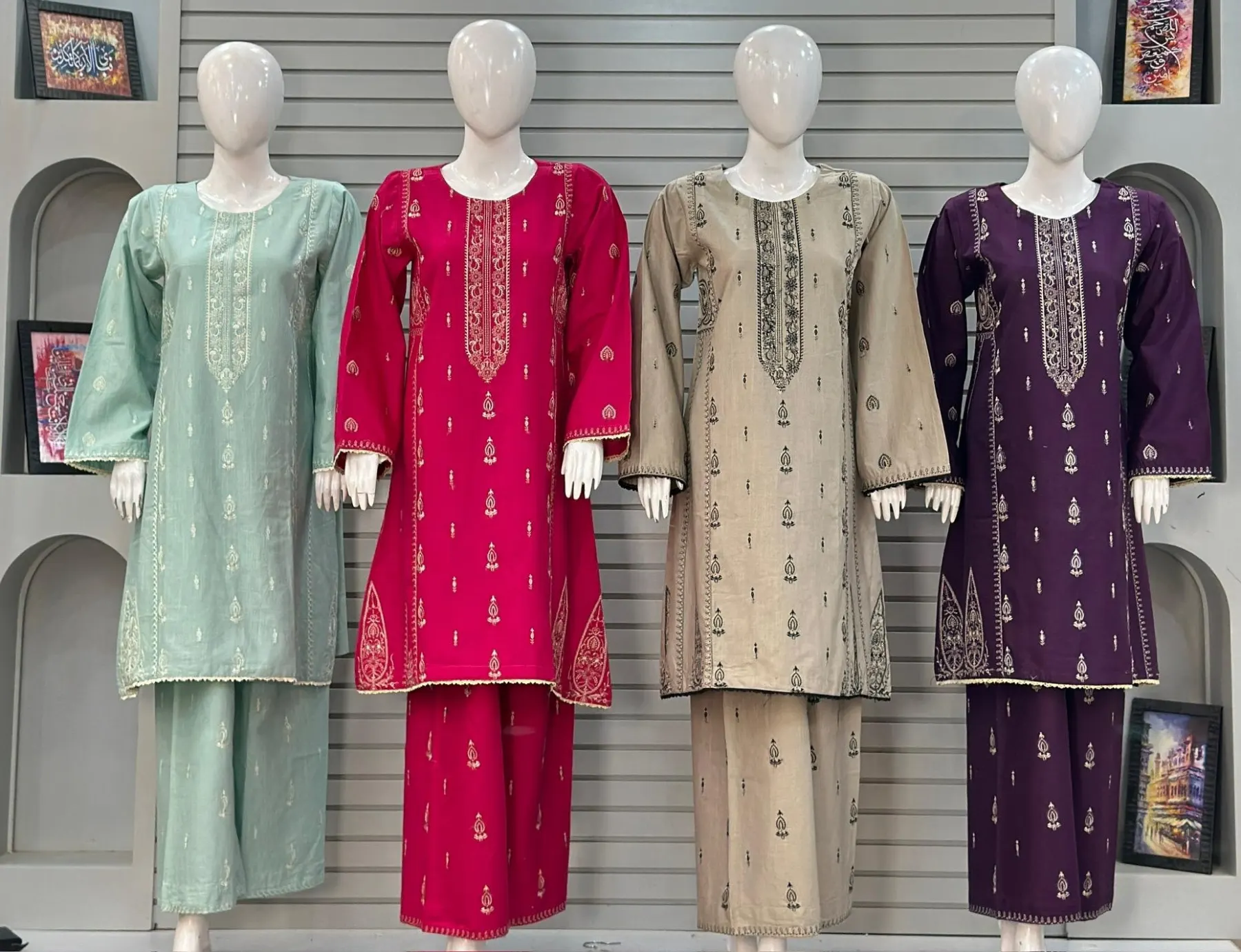 Dyed 3-Piece Front & Back Embroidered Suit Premium Khaddar Set Available in Sage Green, Magenta Pink, Beige, and Deep Purple