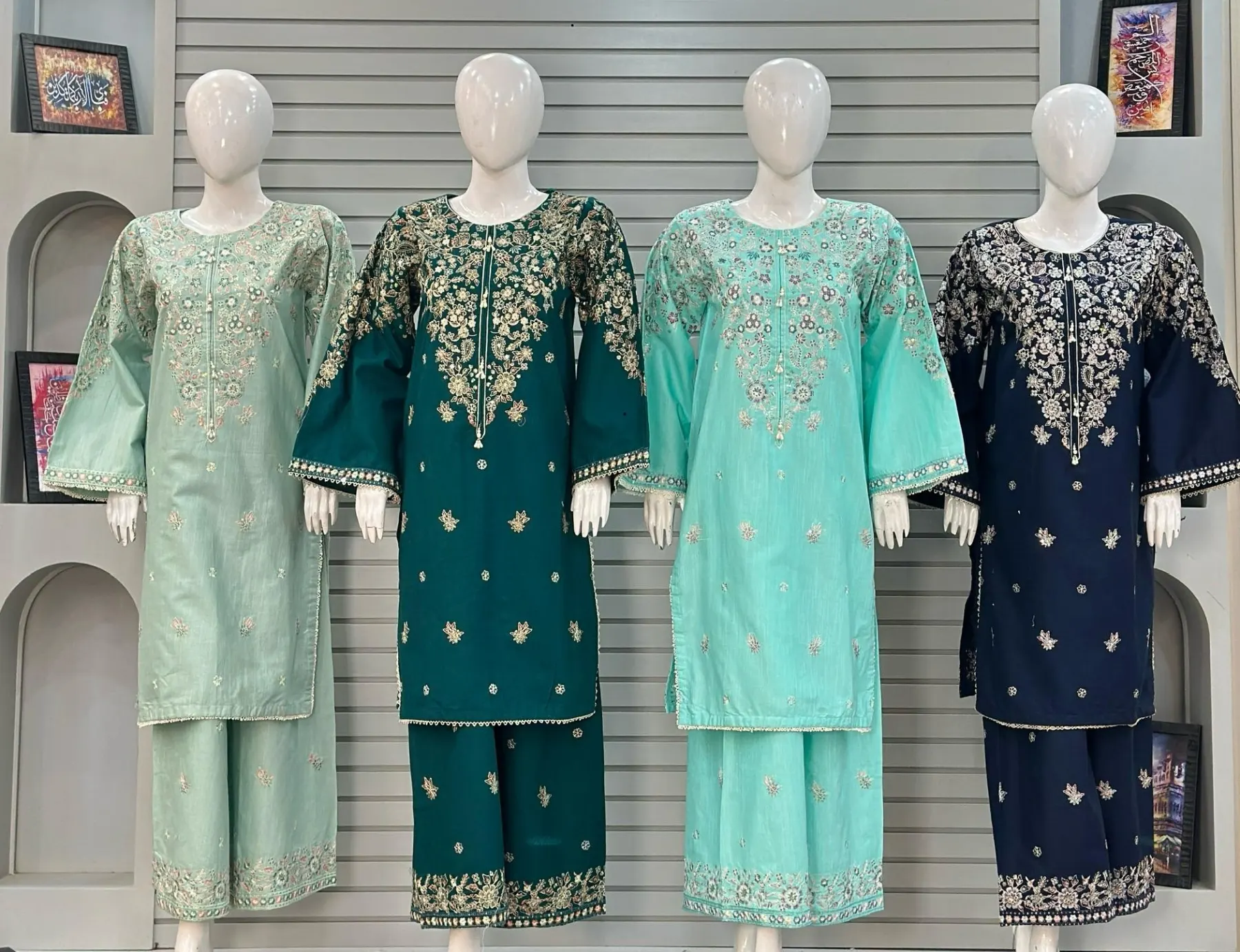 Alif Embroidered Khaddar 3-Piece Suits – Mint, Emerald, Aqua & Navy Edition