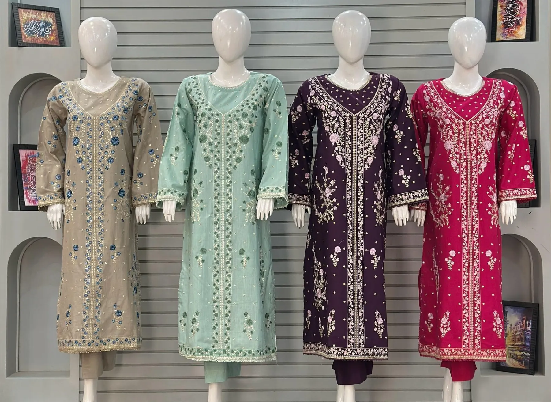 Beige, Mint, Plum & Magenta: Alif Dyed Premium Khaddar Embroidered Kaftan 3-Piece Set