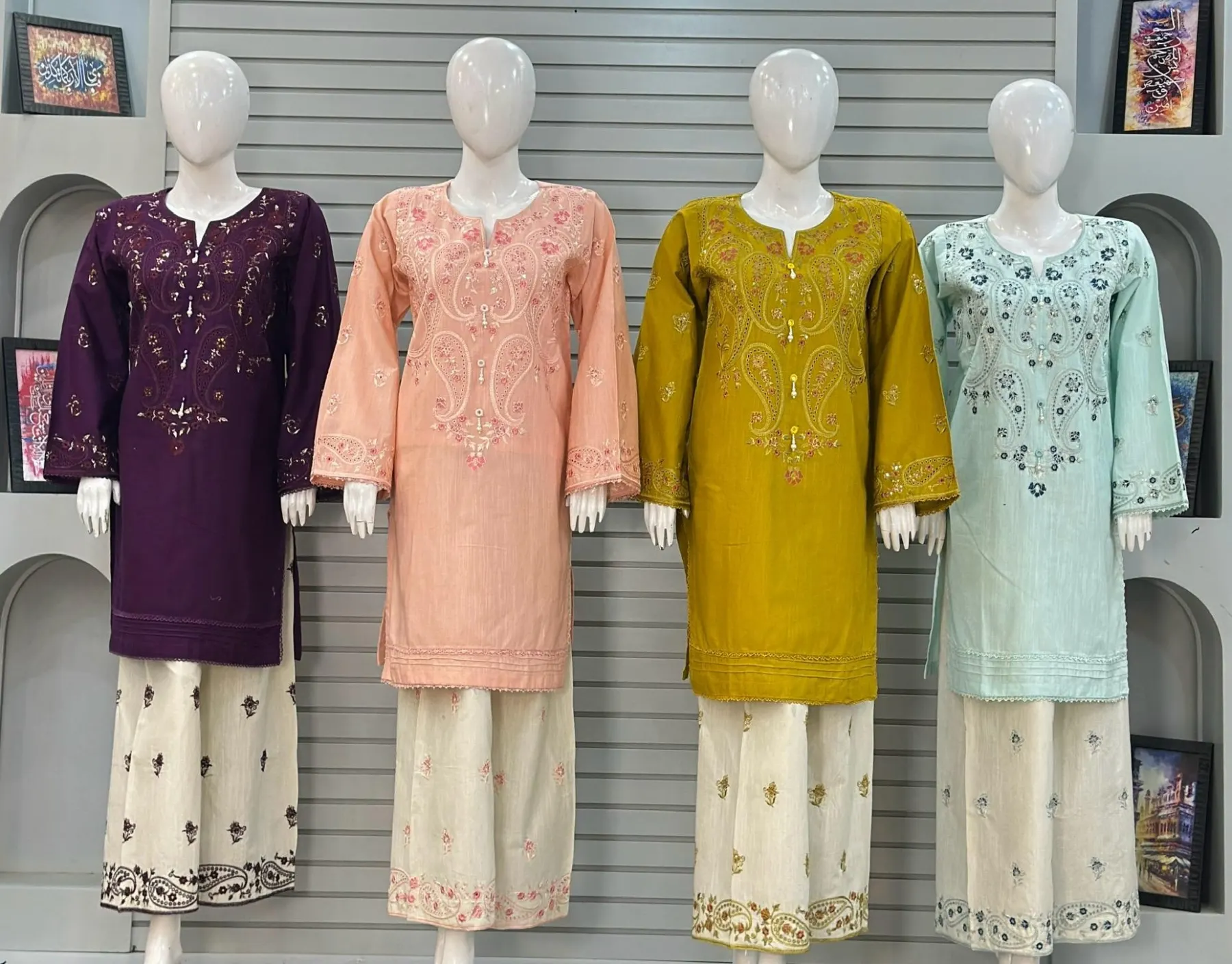Deep Purple, Peach, Mustard & Ice Blue: Alif Premium Khaddar Front & Back Embroidered 3-Piece Suit Collection