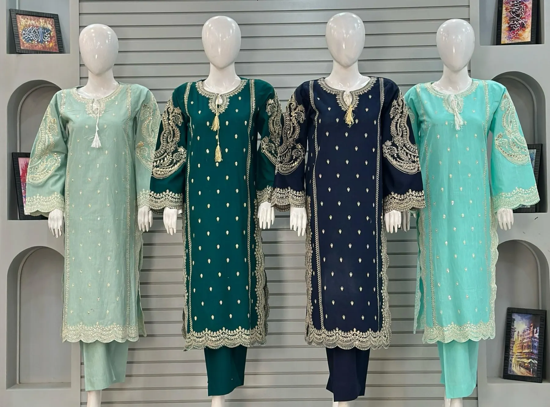 Shop Alif Premium Khaddar 3-Piece Suits – Dual-Side Embroidery Featured in Sage Green, Dark Emerald, Navy Blue & Seafoam Aqua