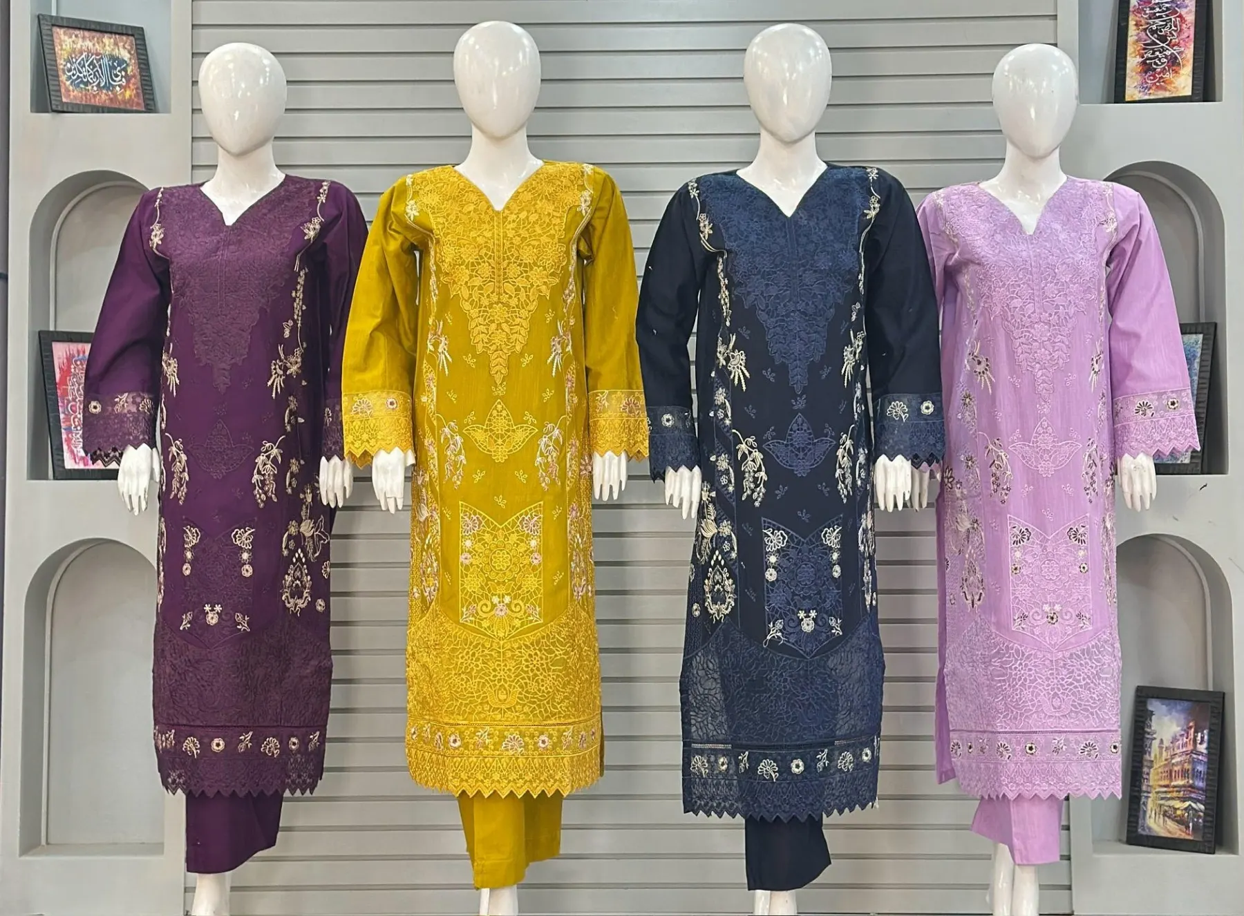 Alif Dyed Khaddar Embroidered 3-Piece Suits – Plum, Mustard, Navy & Lilac Edition