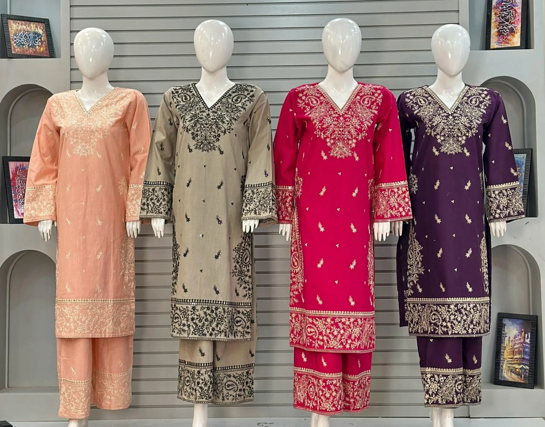 3 Piece Embroidery Suit - Premium Khaddar in Peach, Beige, Magenta, Deep Purple