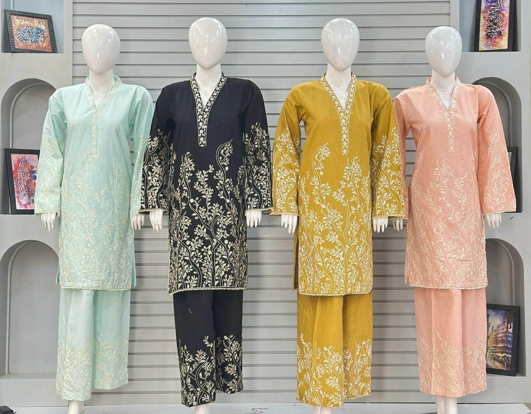 Khaddar 3 Piece Suit in Mint Green, Black, Mustard, Peach